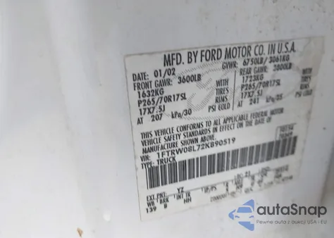 2002 Ford F-150 Lariat/Xlt z USA, uszkodzony, nr VIN 1FTRW08L72KB90519